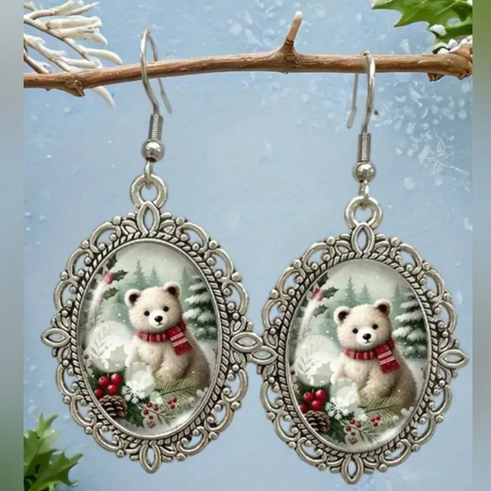 Silver Bear Victorian‎ Animal Print Christmas Holiday Winter Festive Earrings